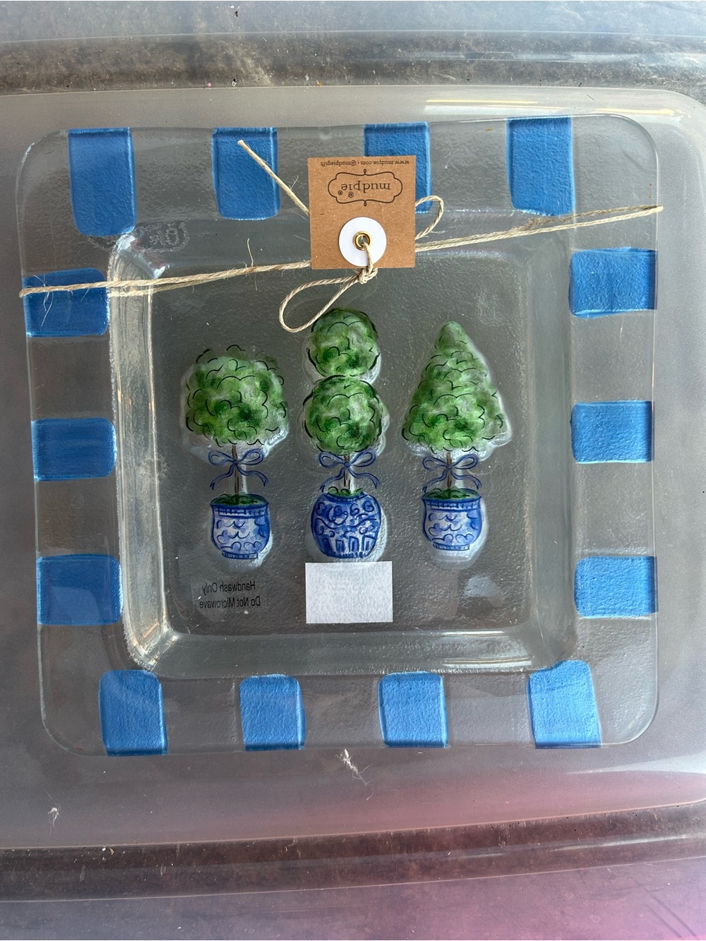 Mud Pie Topiary Glass Plate NWT Blue Green Square 9”x9” - Picture 2 of 7